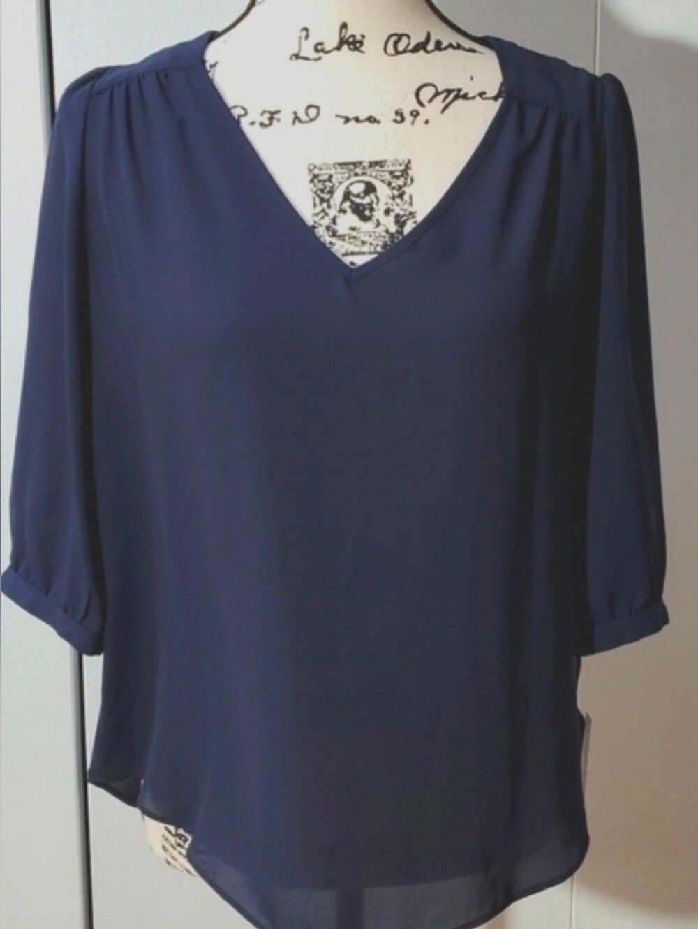 A.Byer| Womens Navy Neck Detail Blouse Careerwear Office  Sz.Medium